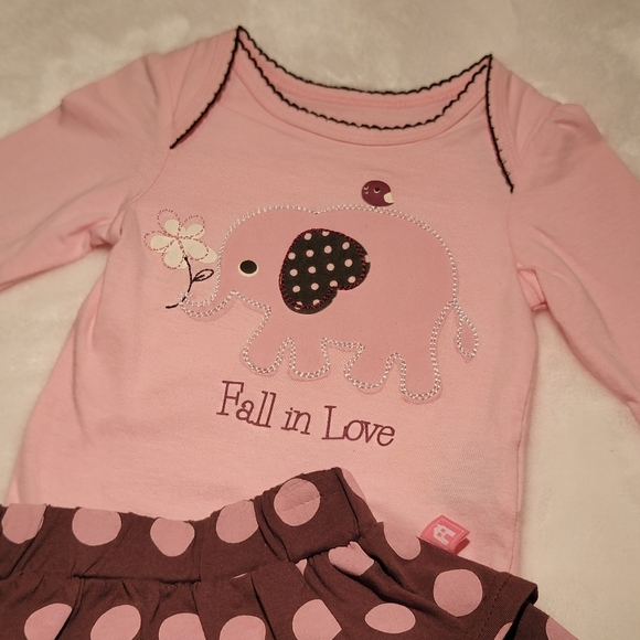 MINIVILLE ♡ Pink|Brown FALL IN LOVE Elephant Bodysuit w/Polka Dot Mini Skirt 3M - Picture 13 of 15